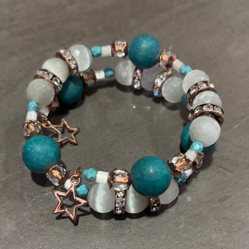 Selenite & Jade Star Charm Beaded Wrap Bracelet